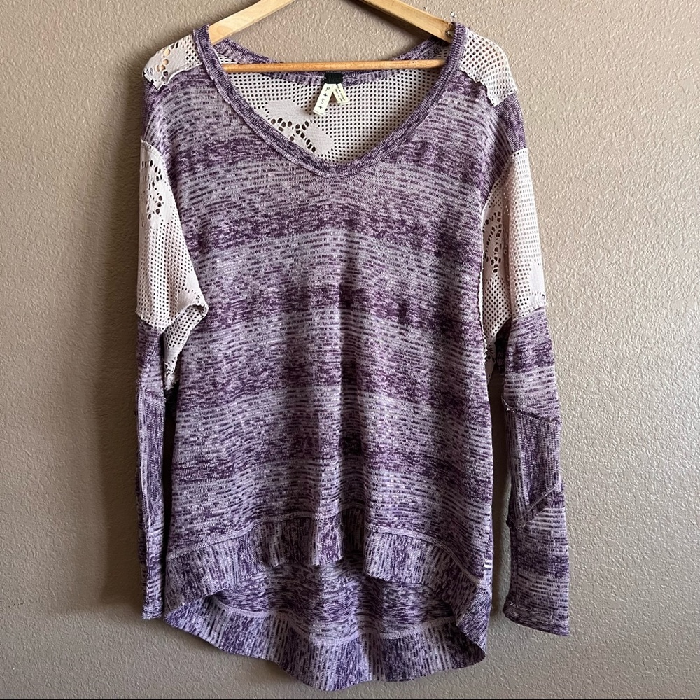 We The Free Oversized Purple Woven Top Lace Trim Size Small